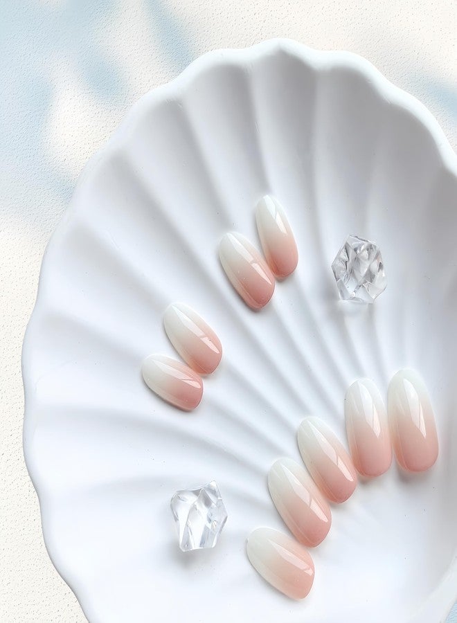 KQueenest Ombre French Tip Press On Nails Short Oval, Natural Ombre Nails Press ons, Glossy Almond Short Fake Nails With Glue, Elegant Soft Gel Reusable Glue on Nails for Women in 24 Pcs, White Pink - Image 4
